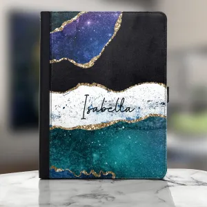 Personalised Lenovo Universal Leather Tablet Case With Blue Strip Marble