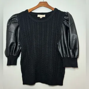 Philosophy black cable knit faux leather puff balloon sleeve sweater size Large