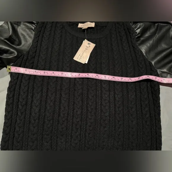 Philosophy black cable knit faux leather puff balloon sleeve sweater size Large