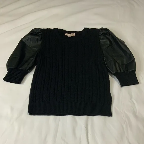 Philosophy black cable knit faux leather puff balloon sleeve sweater size Large