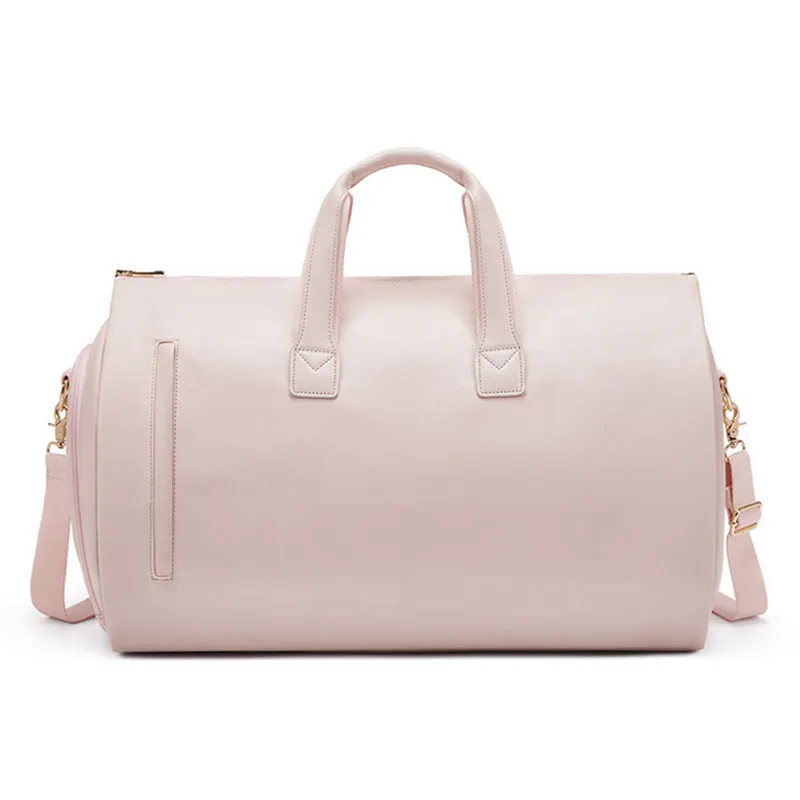 Pink PU Leather Travel Duffel Bag - Large Capacity Waterproof Suit Bag with Shoe Compartment