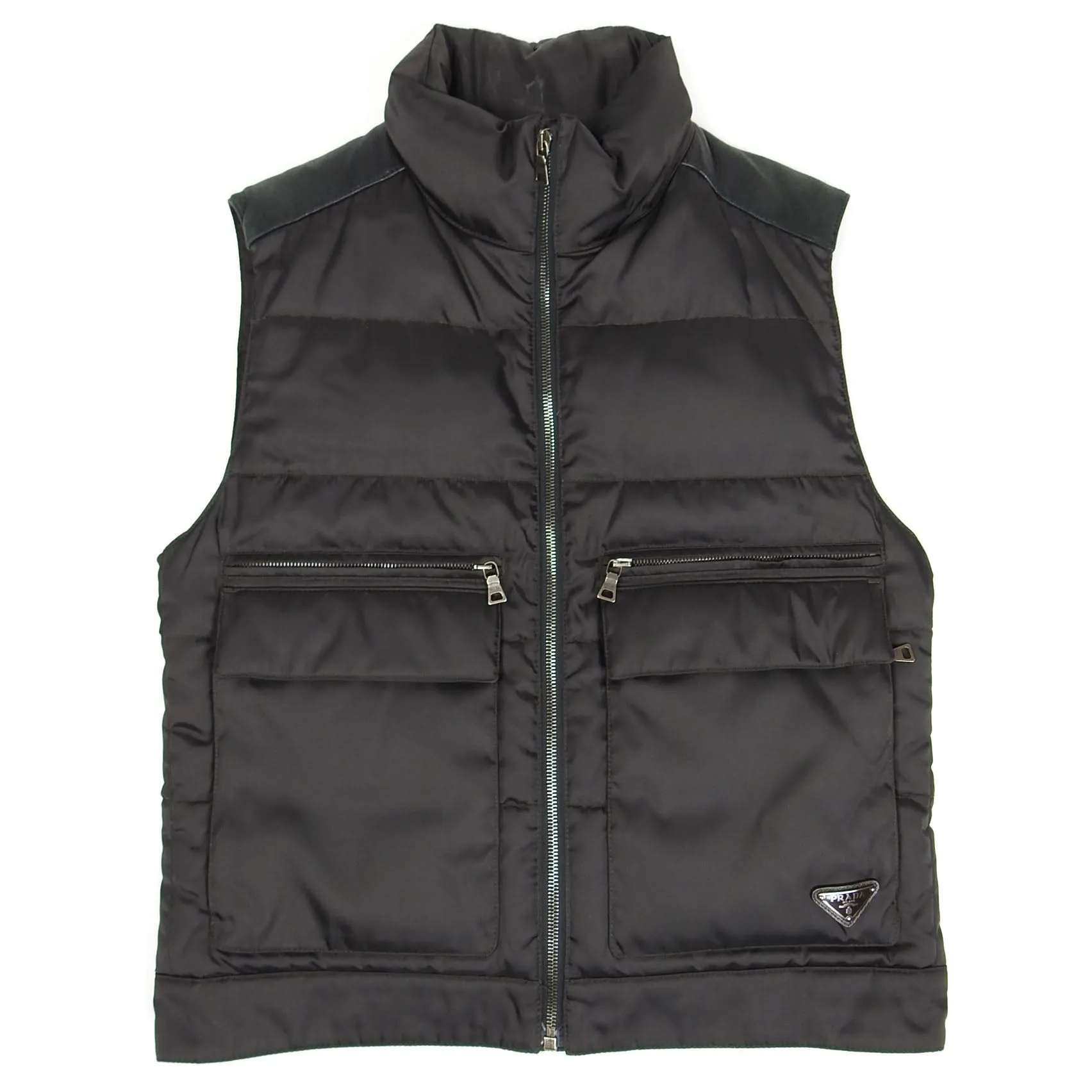 Prada Black Nylon/Leather Down Fill Vest Size 46