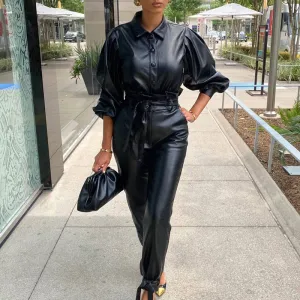 PU Button Design Long Sleeve Drawstring Top & Pants Set