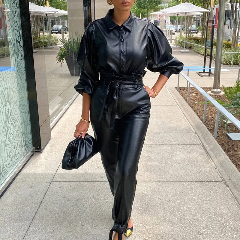 PU Button Design Long Sleeve Drawstring Top & Pants Set