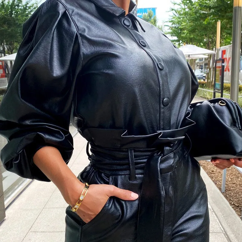 PU Button Design Long Sleeve Drawstring Top & Pants Set