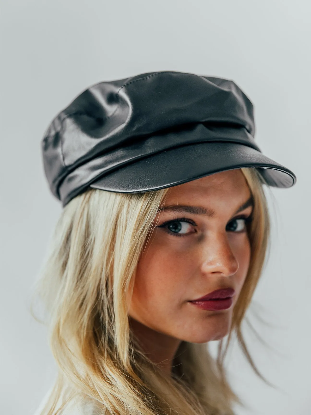 PU Leather Baker Boy In Black