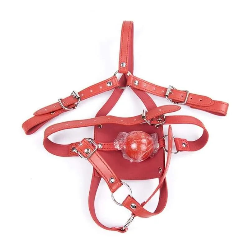 "Silent" - Silicone Mouth Gag Bondage Restraints PU Leather Open Mouth Ball Head Harness Fetish Mask With Oral Fixation