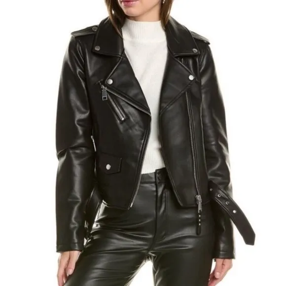 Rebecca Minkoff Sz L Black Vegan Leather Crop Motto Motorcycle Jacket