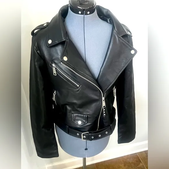 Rebecca Minkoff Sz L Black Vegan Leather Crop Motto Motorcycle Jacket