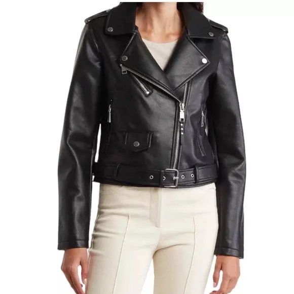 Rebecca Minkoff Sz L Black Vegan Leather Crop Motto Motorcycle Jacket