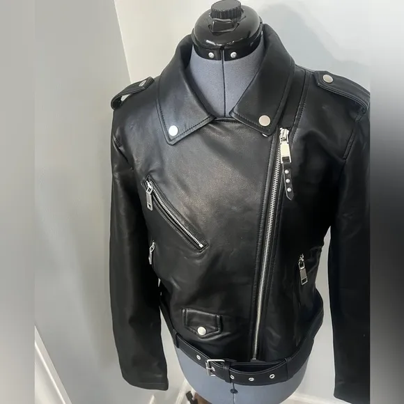 Rebecca Minkoff Sz L Black Vegan Leather Crop Motto Motorcycle Jacket