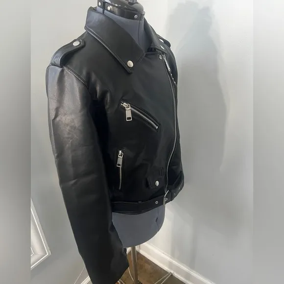 Rebecca Minkoff Sz L Black Vegan Leather Crop Motto Motorcycle Jacket