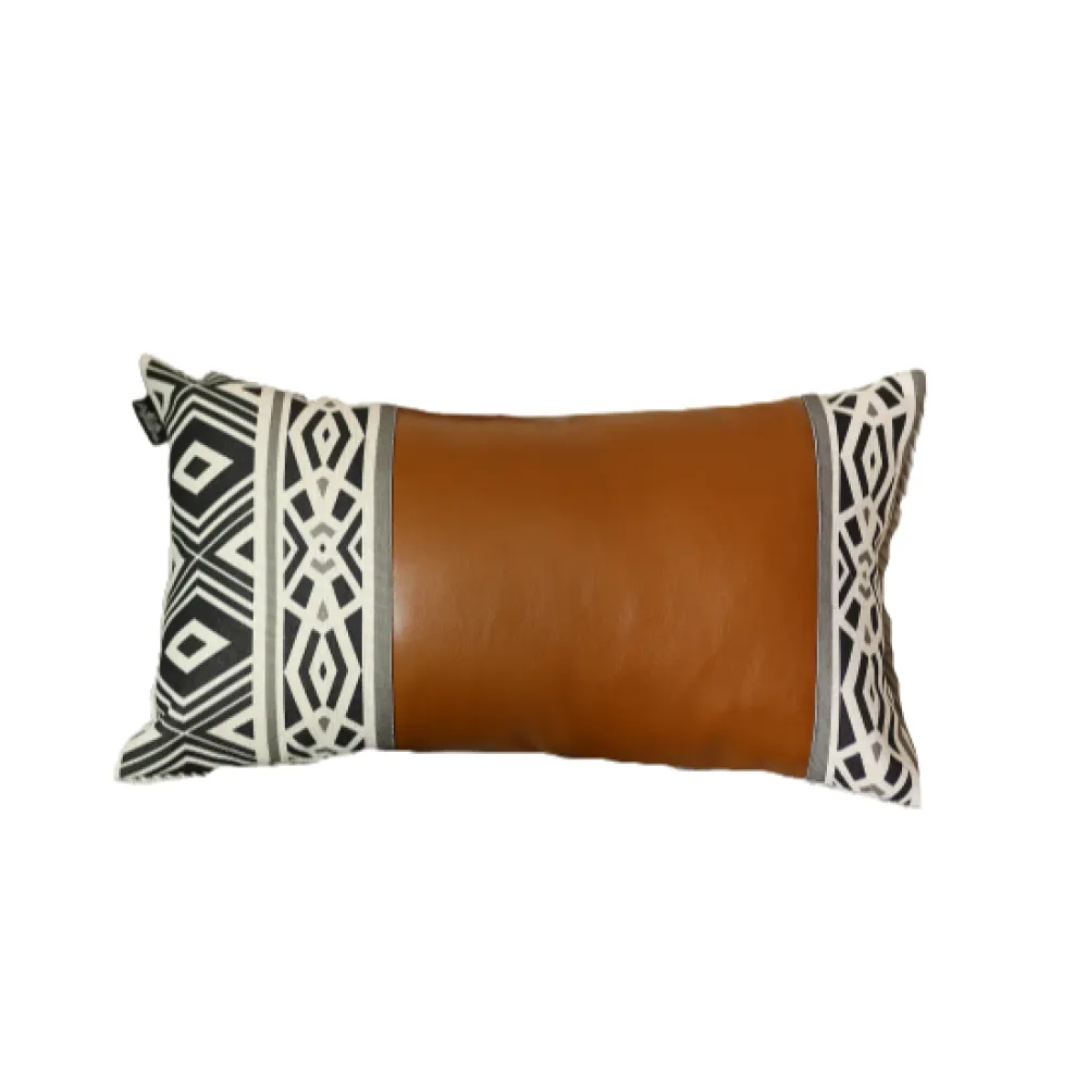 Rectangular Rustic Brown Faux Leather and Geometric Patterns Lumbar Pillow Cover