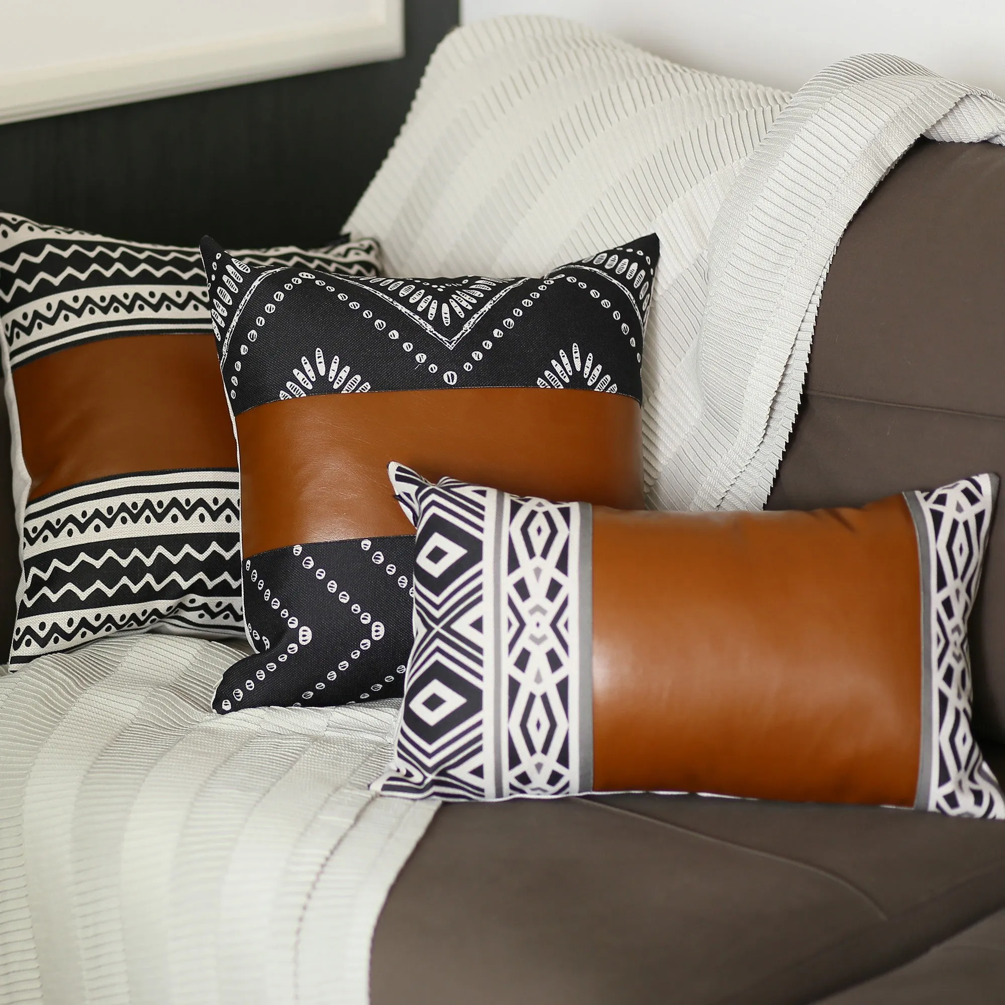 Rectangular Rustic Brown Faux Leather and Geometric Patterns Lumbar Pillow Cover