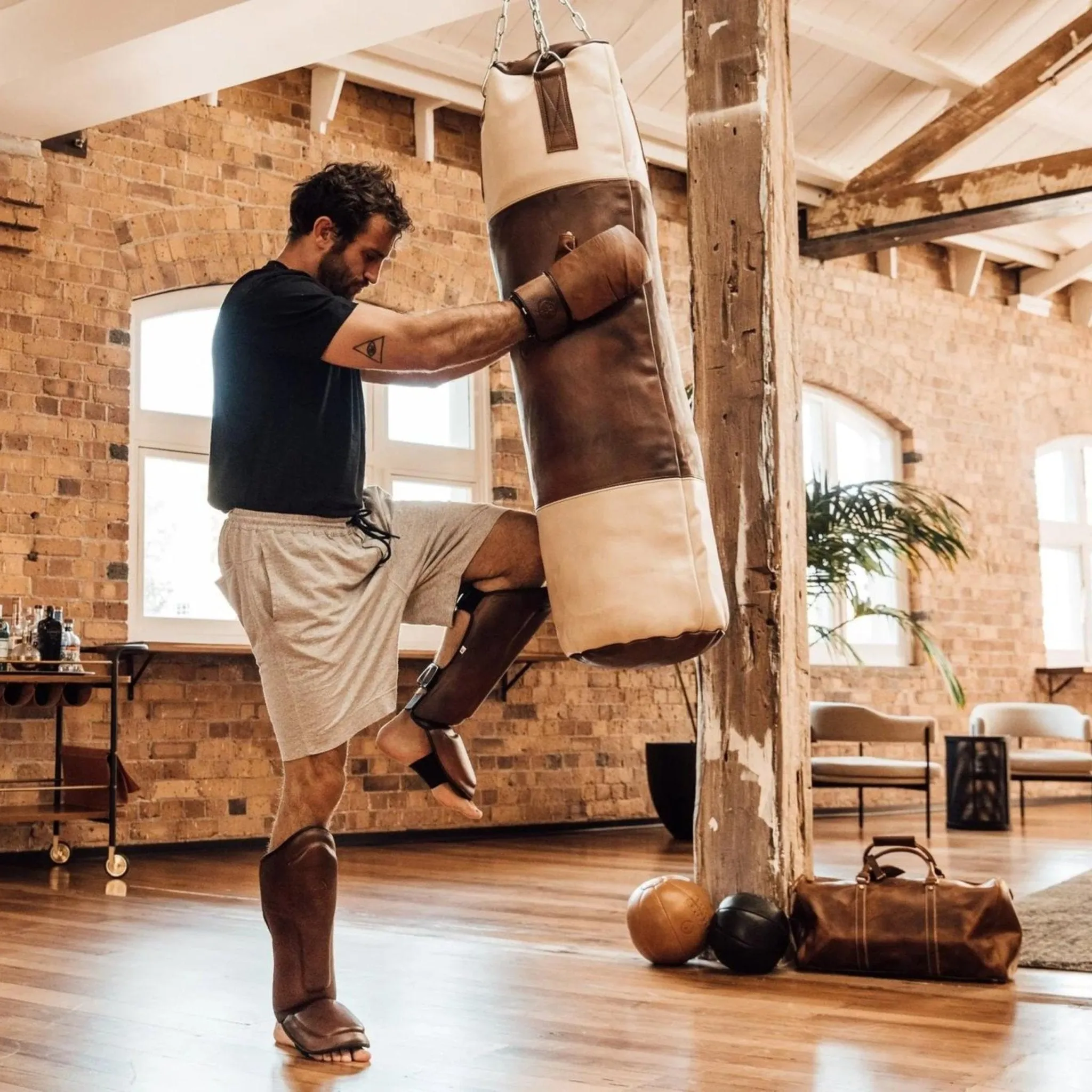 RETRO Cream / Brown Leather Heavy Punching Bag (un-filled)