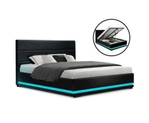 RGB LED Bed Frame Gas Lift Base Storage Black Leather LUMI