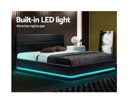 RGB LED Bed Frame Gas Lift Base Storage Black Leather LUMI