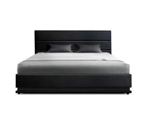 RGB LED Bed Frame Gas Lift Base Storage Black Leather LUMI