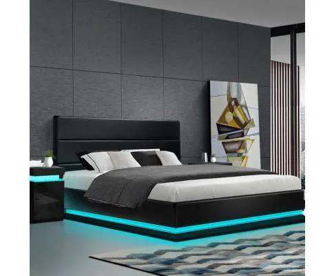 RGB LED Bed Frame Gas Lift Base Storage Black Leather LUMI
