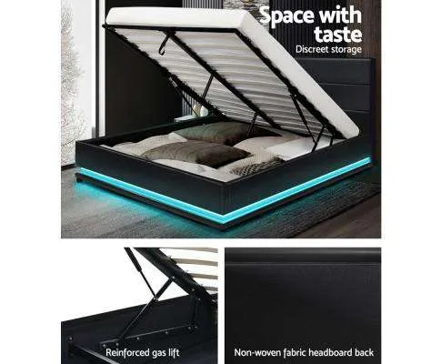 RGB LED Bed Frame Gas Lift Base Storage Black Leather LUMI
