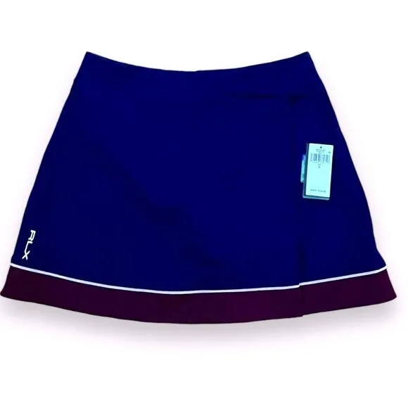 RLX Ralph Lauren Womens Interlock Banded Faux-Wrap Golf Skort Navy Blue L NWT