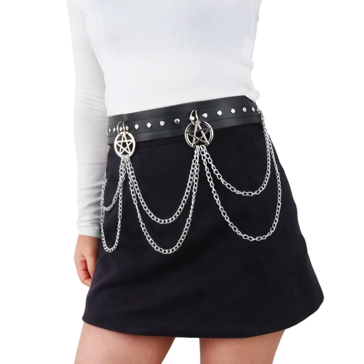Ro Rox Gothic Pentagram Double Chain Faux Leather Belt