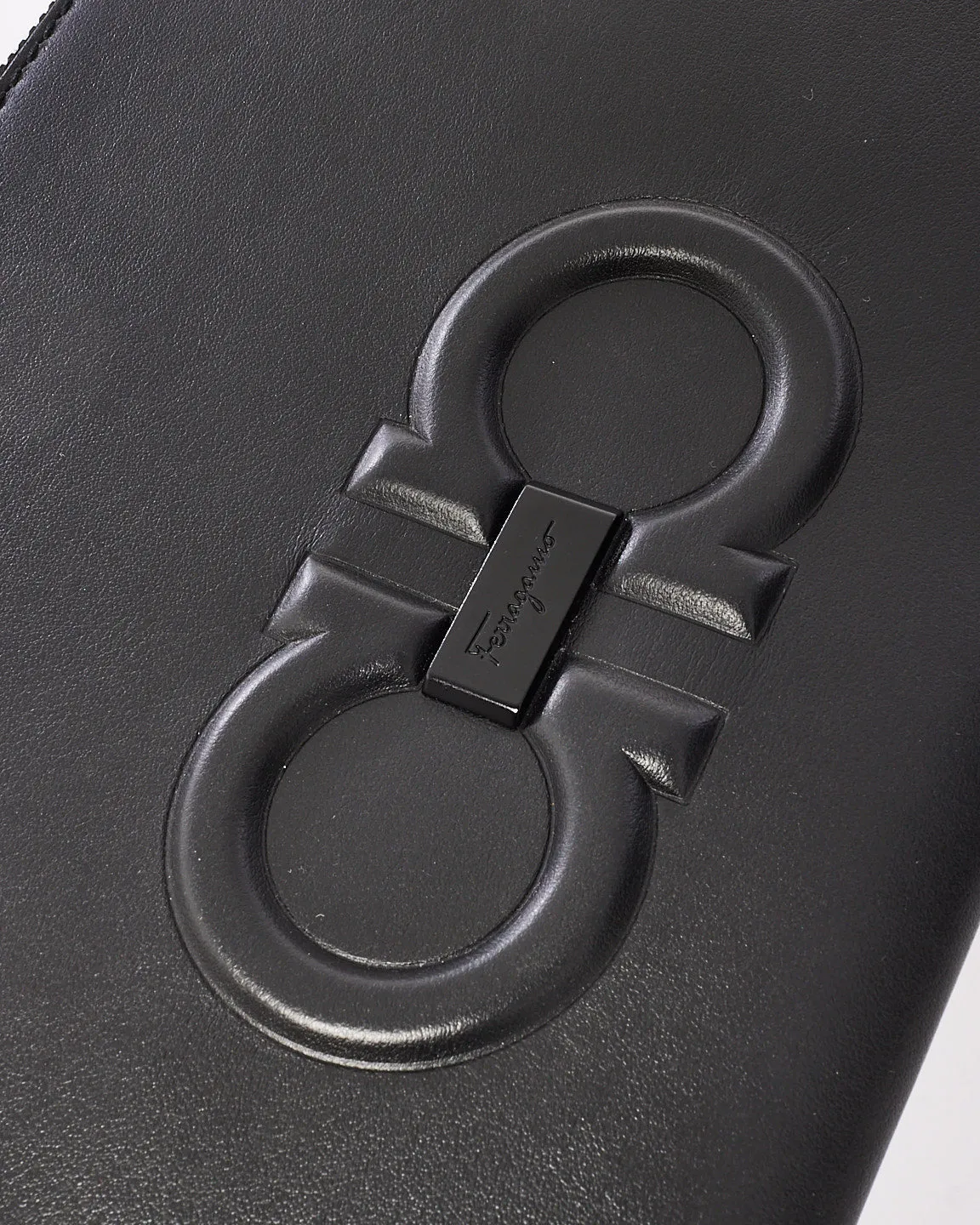 Salvatore Ferragamo Black Leather Embossed Logo Wristlet Clutch