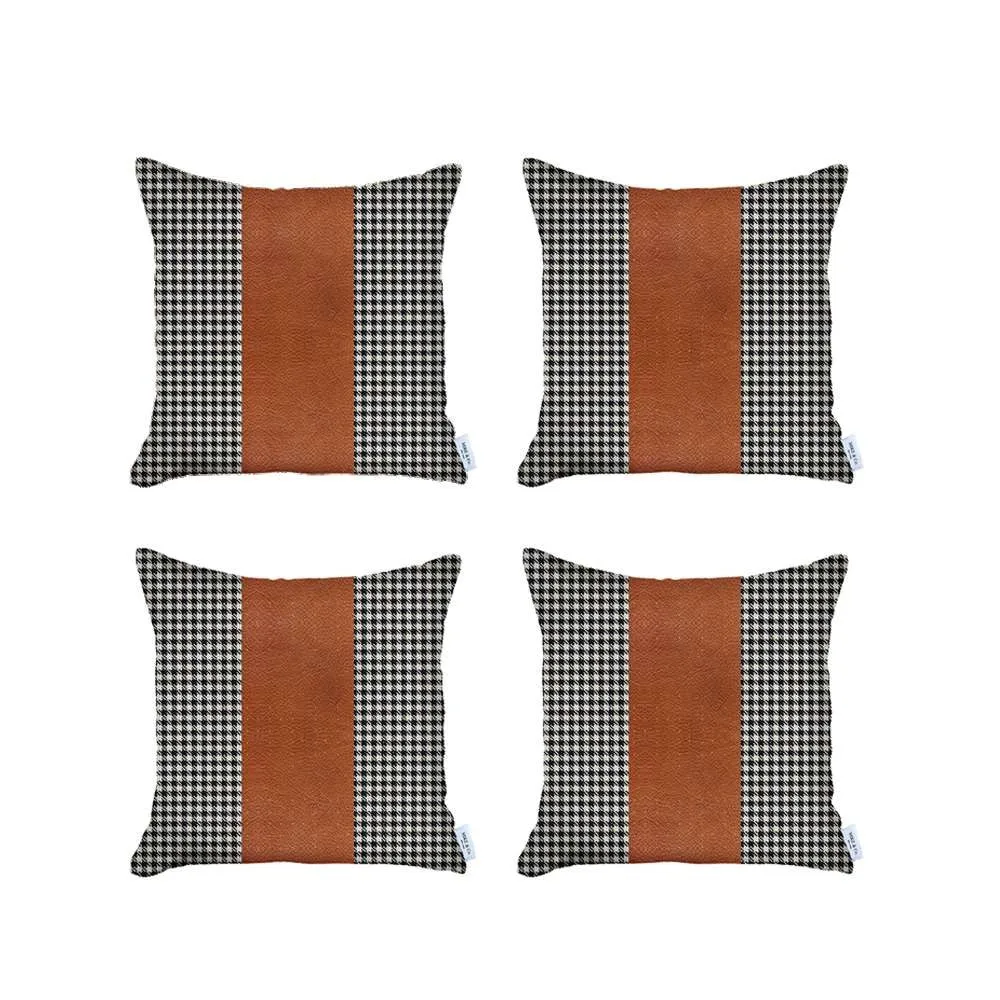 Set of 4 Black Checkered Faux Leather Pillow Covers
