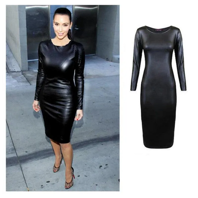 Sexy Nightclub Dress Faux Leather Long Sleeve O-Neck