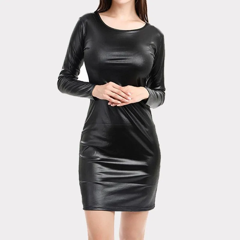 Sexy Nightclub Dress Faux Leather Long Sleeve O-Neck