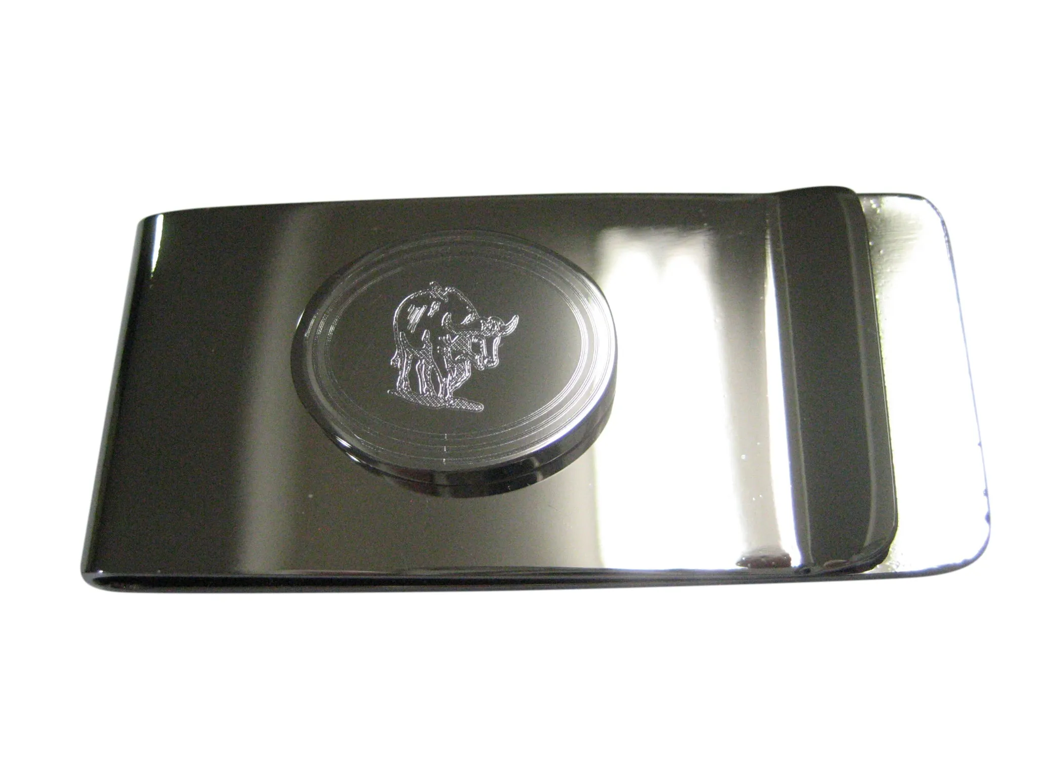 Silver Toned Etched Oval African Buffalo Money Clip