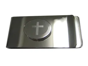 Silver Toned Etched Oval Thick Religious Cross Money Clip