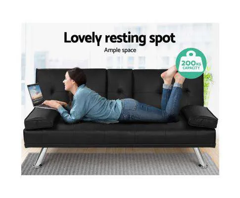 Sofa Bed Lounge Futon Couch 3 Seater Leather Cup Holder Recliner