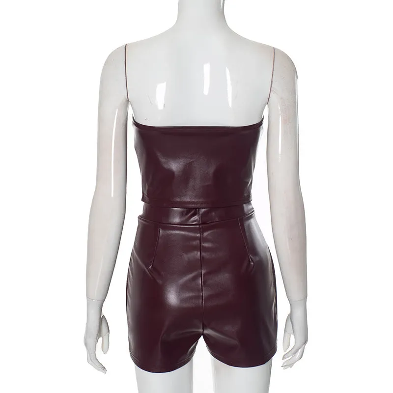 Strapless Faux Leather Tube Top and Exposed Zipper Skort