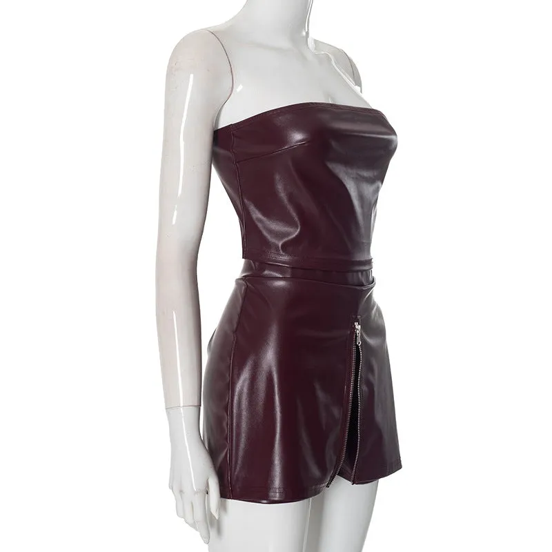 Strapless Faux Leather Tube Top and Exposed Zipper Skort