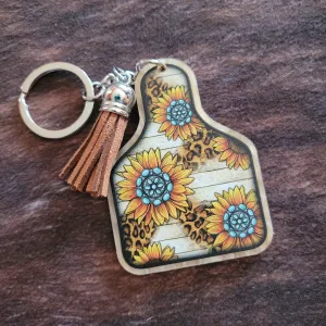 Sunflower Cow Tag Acrylic Keychain with Tassel