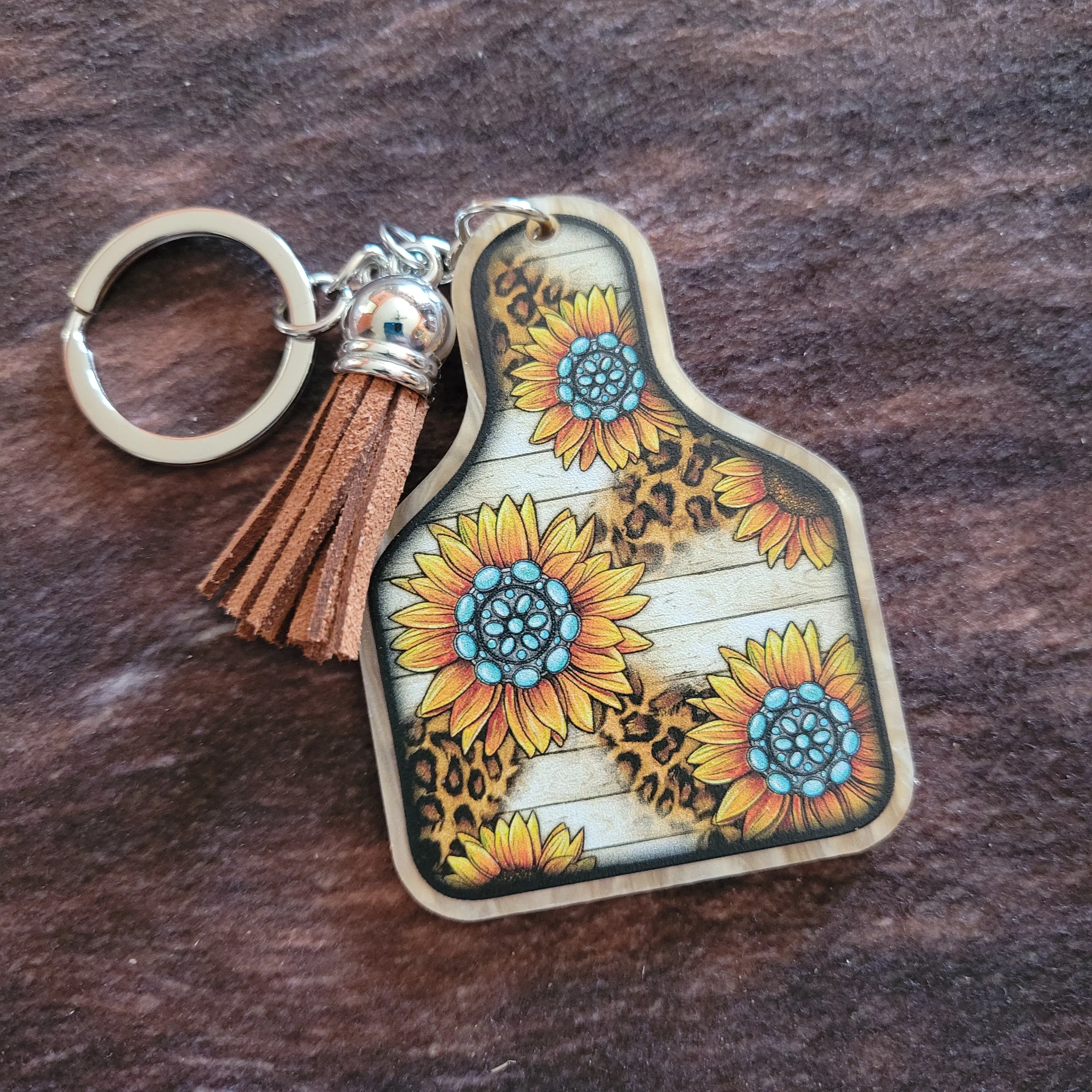 Sunflower Cow Tag Acrylic Keychain with Tassel