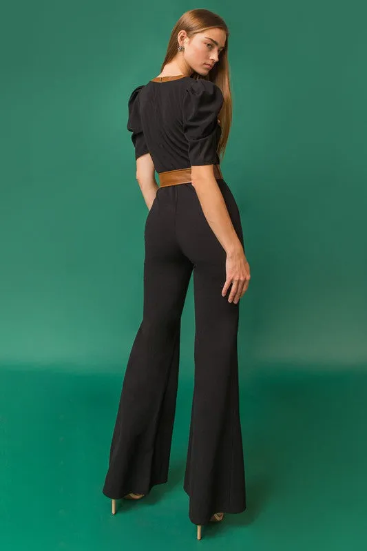 Surplice Neckline Black Woven Jumpsuit