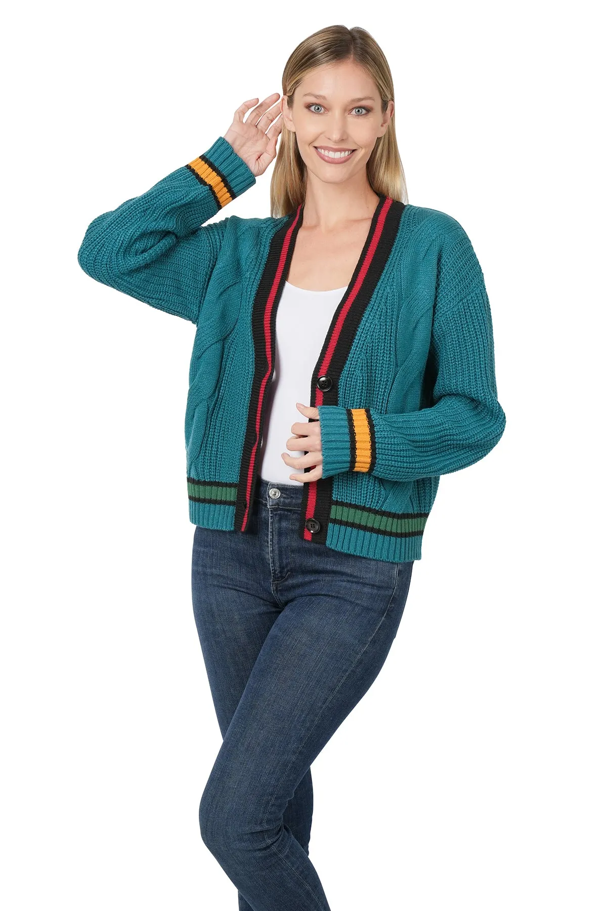 Teal, Black, Red Button Cardigan & Faux Leather Leggings Set - Regular & Plus