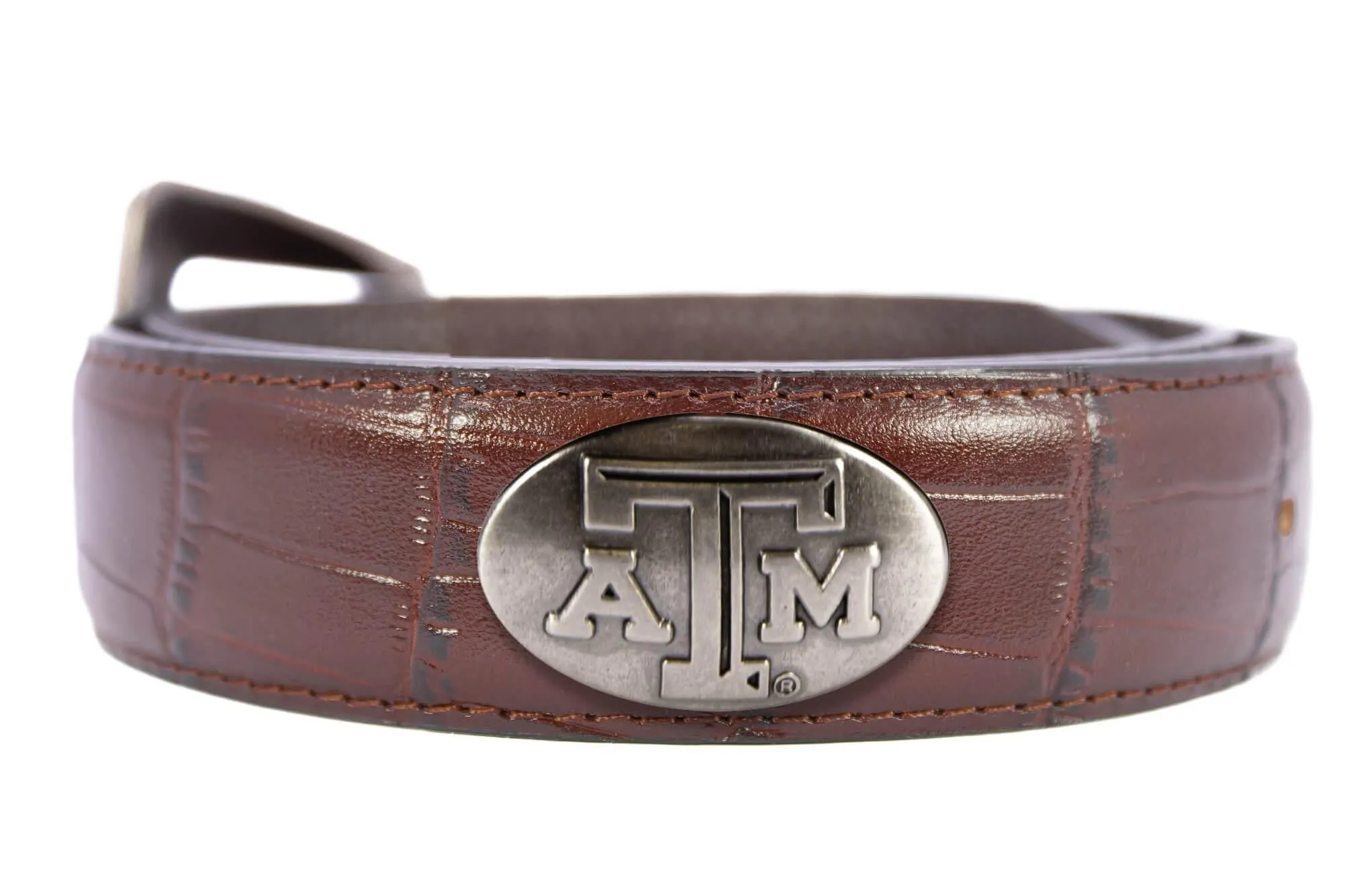 Texas A&M Aggies Men's Collegiate Croc Leather Belt. Texas Aggies Gift. Texas Belt. Brown Croc Pattern Full Grain Finish With Metal Conchos.