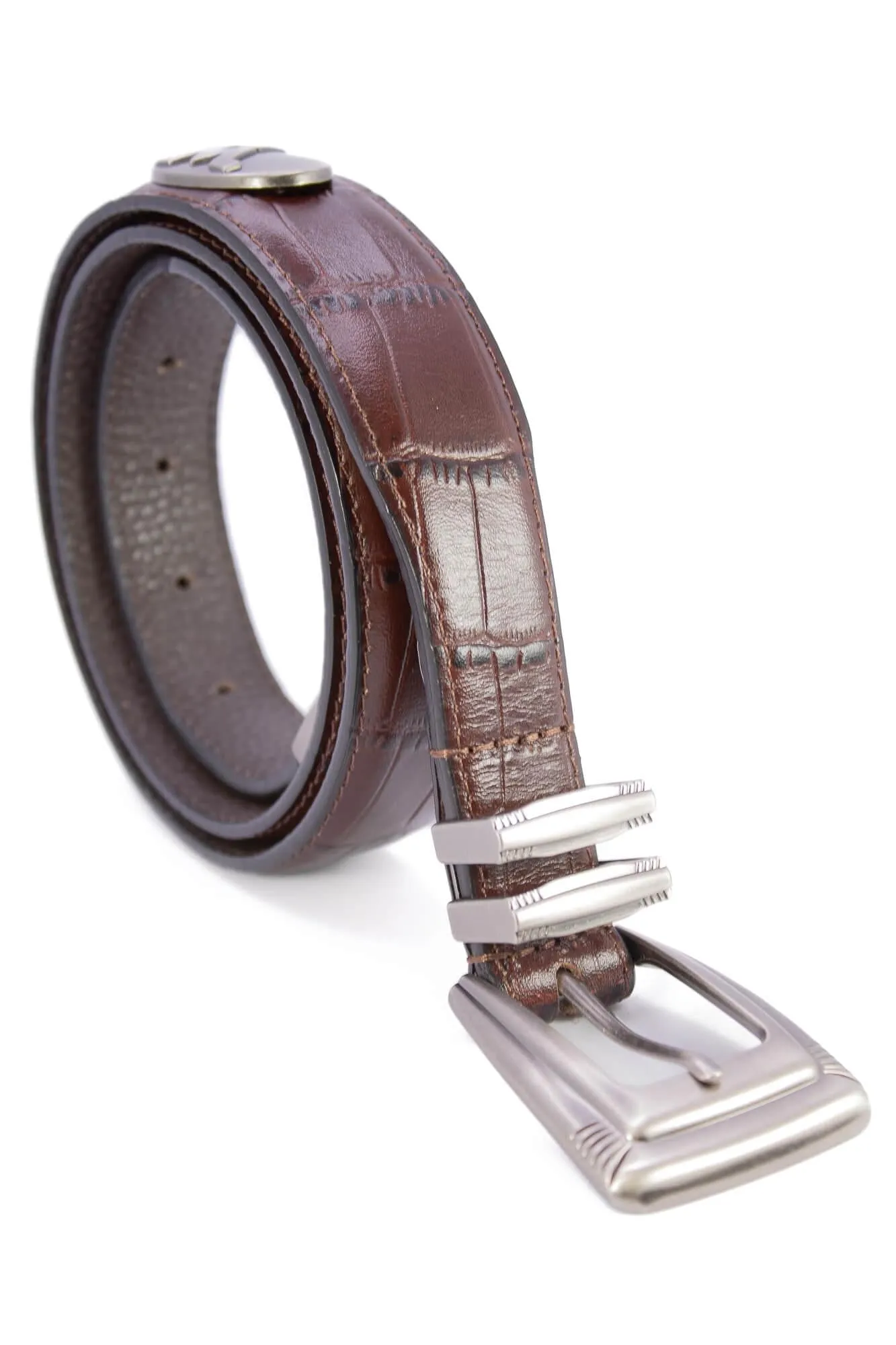 Texas A&M Aggies Men's Collegiate Croc Leather Belt. Texas Aggies Gift. Texas Belt. Brown Croc Pattern Full Grain Finish With Metal Conchos.