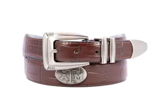 Texas A&M Aggies Men's Collegiate Croc Leather Belt. Texas Aggies Gift. Texas Belt. Brown Croc Pattern Full Grain Finish With Metal Conchos.