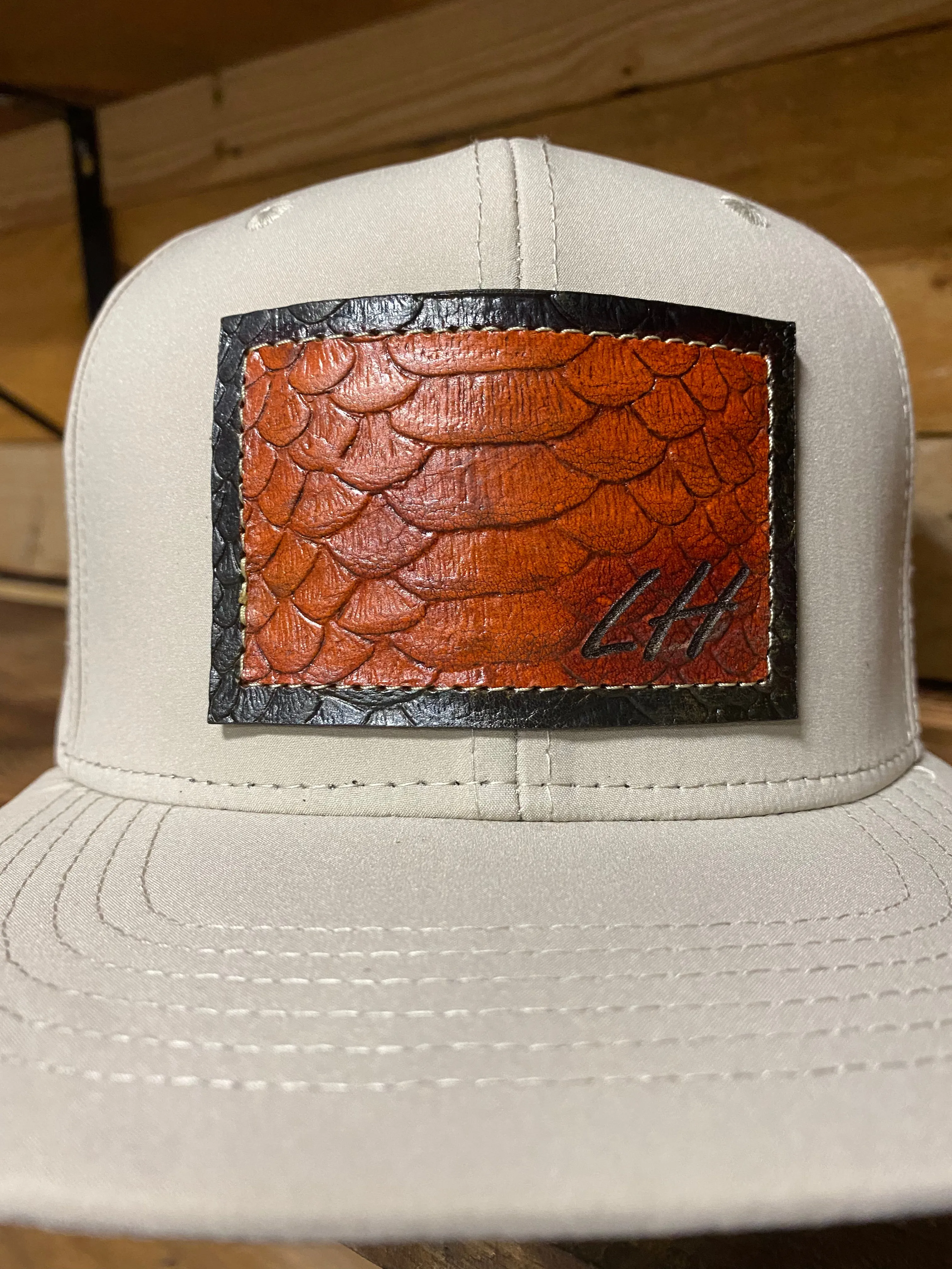 The Leather Head Hat Co leather python embossed patch hydro mesh waterproof Snapback hat cap