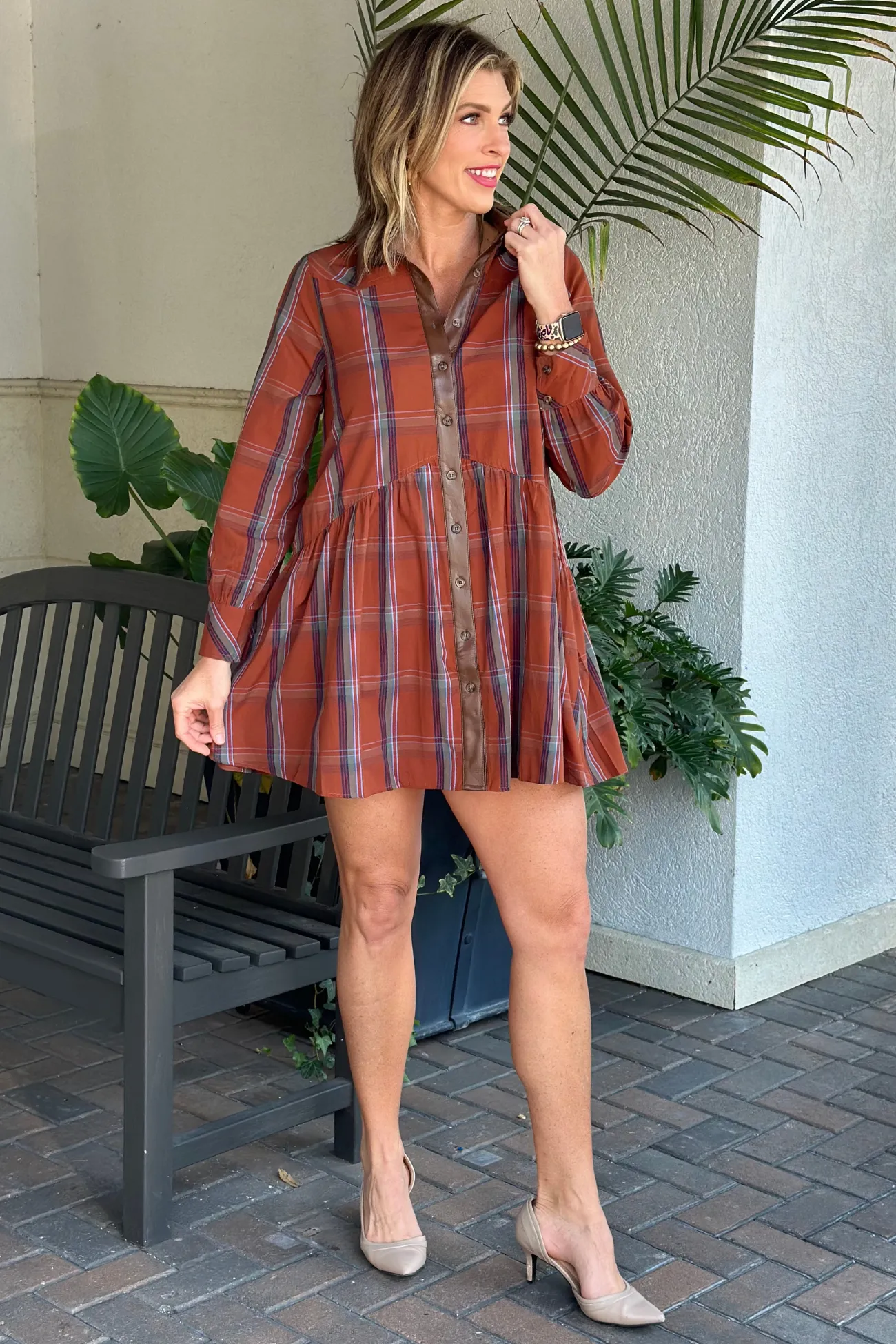 THML Maple Spice Plaid Button Down Dress
