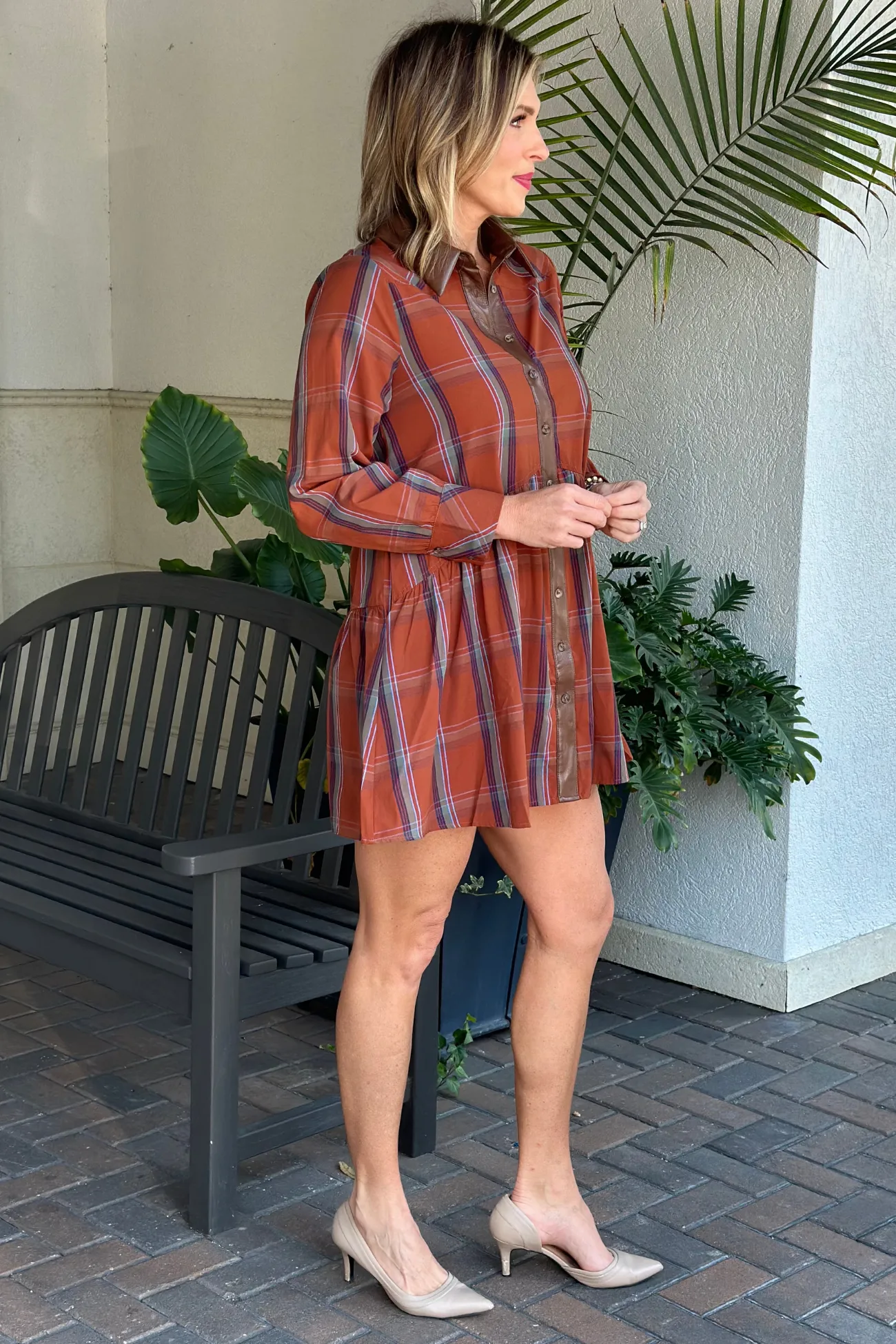 THML Maple Spice Plaid Button Down Dress