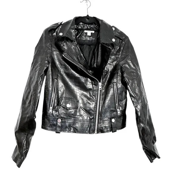 Topshop Black Snakeskin Croc Printed Faux Leather Jacket Women’s Size  4
