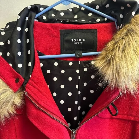 Torrid Red Pea Coat with Faux Fur Trim
