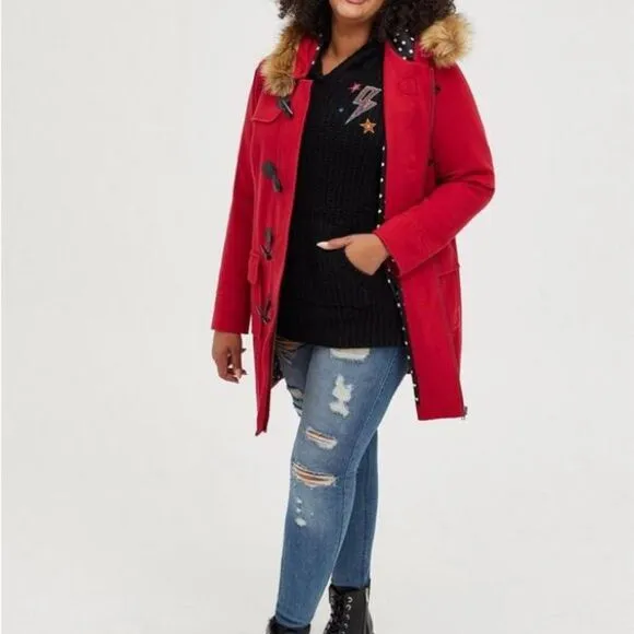 Torrid Red Pea Coat with Faux Fur Trim