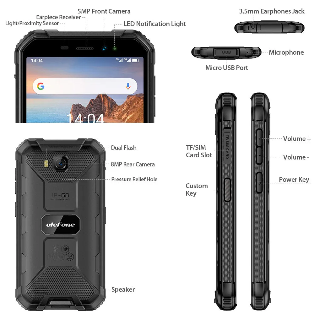 Ulefone Armor X6 Phone 5.0inch HD Screen 2G RAM 16GB ROM Memory 5MP 8MP Camera 4000mAh Battery Android 9.0 OS yellow