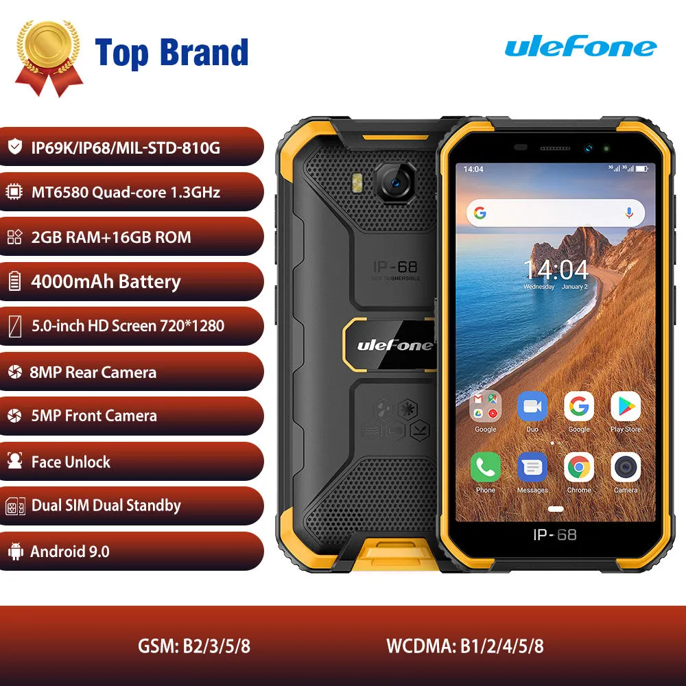 Ulefone Armor X6 Phone 5.0inch HD Screen 2G RAM 16GB ROM Memory 5MP 8MP Camera 4000mAh Battery Android 9.0 OS yellow